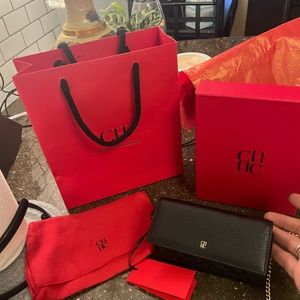 Carolina Herrara leather black wallet with gold link strap NEW